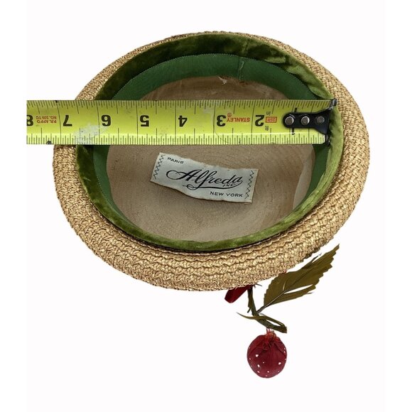 Vintage 60s Alfreda Inc Straw Boater Hat With Green Velvet Band & Red Strawberry - Picture 11 of 11